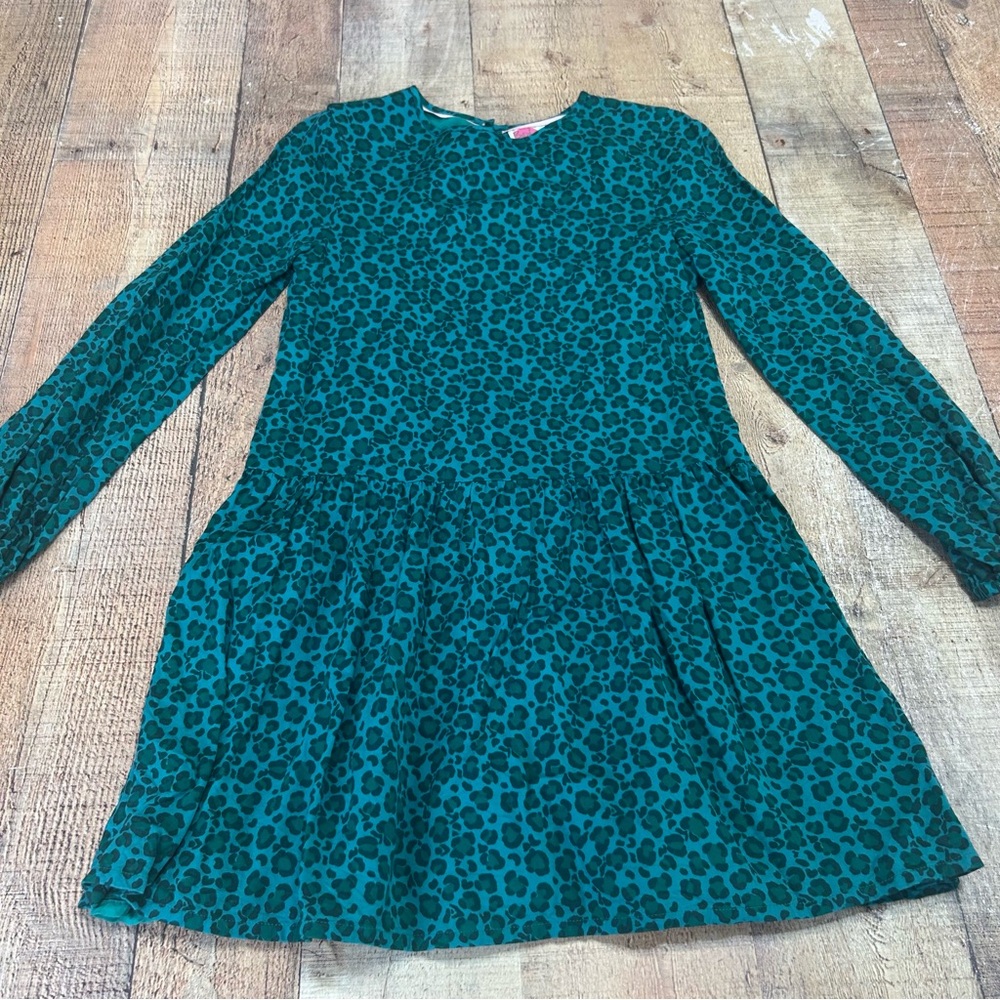 Boden Green Tiered Bishop Sleeve Leopard Print Girl’s Dress